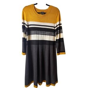 Jessica Howard Sweater Dress Size L Mustard Black White Stripe Knit A Line Midi